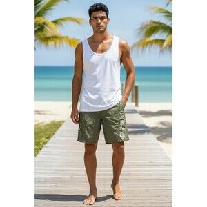 Counter Culture Men's 36 Board Shorts Swimsuit Trunks Green All Over Logo Print